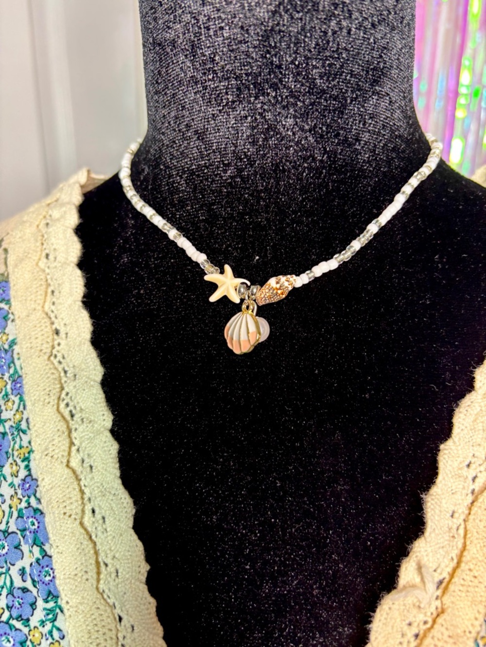 Gold Shell & Starfish Charm Beaded Necklace - White Choker Beach Boho